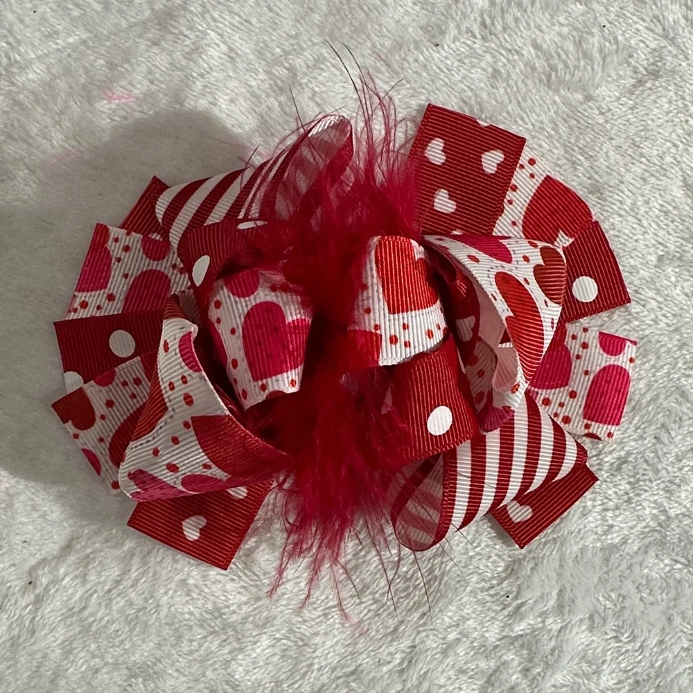 Valentine’s heart print & stripe with feathers boutique alligator clip hair bow